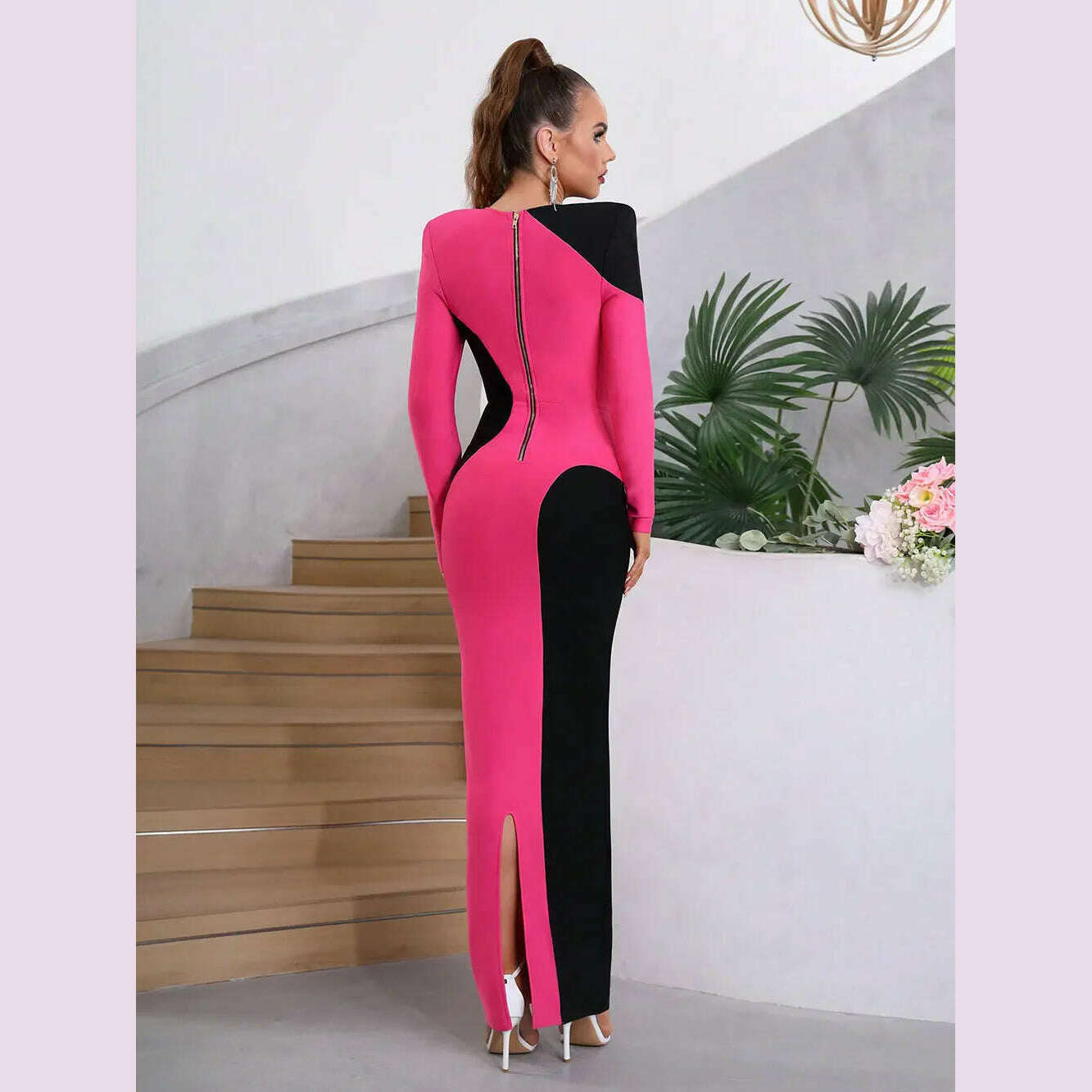 KIMLUD, Modphy Contrast Color Patchwork Design Tight Long Bandage Dress For Women Long Sleeved O-Neck Fashion Party Cocktail Club Dress, KIMLUD Womens Clothes
