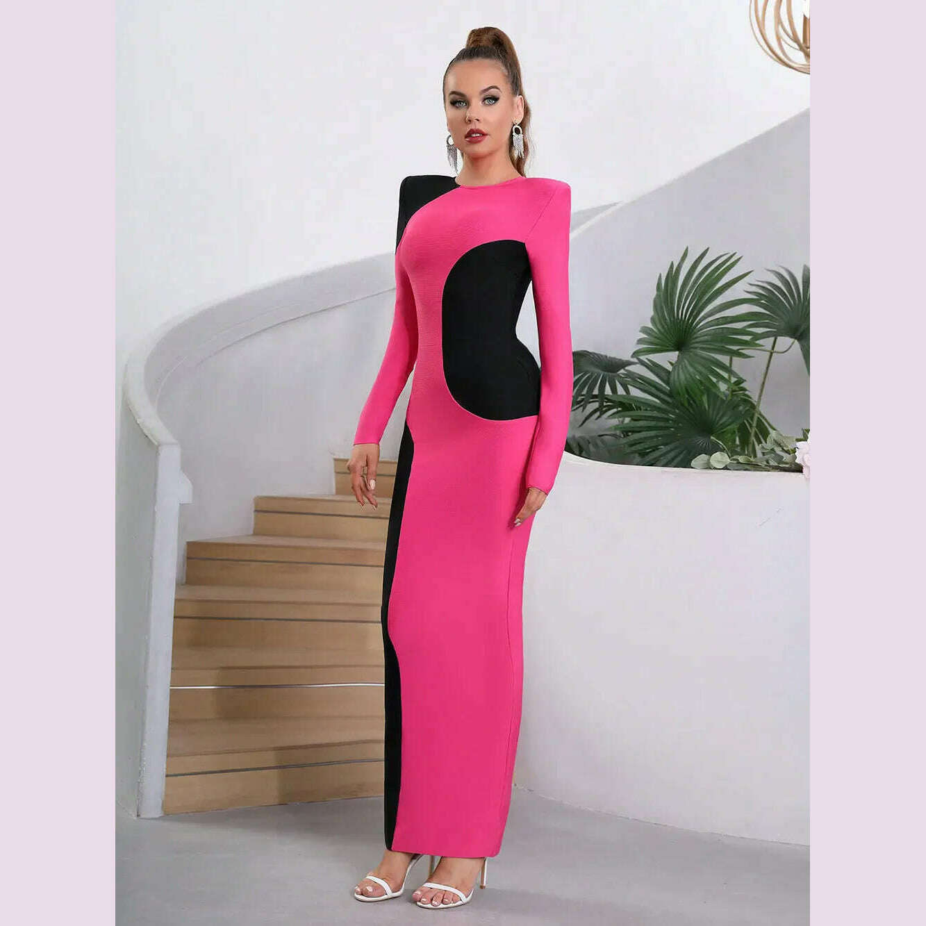 KIMLUD, Modphy Contrast Color Patchwork Design Tight Long Bandage Dress For Women Long Sleeved O-Neck Fashion Party Cocktail Club Dress, KIMLUD Womens Clothes
