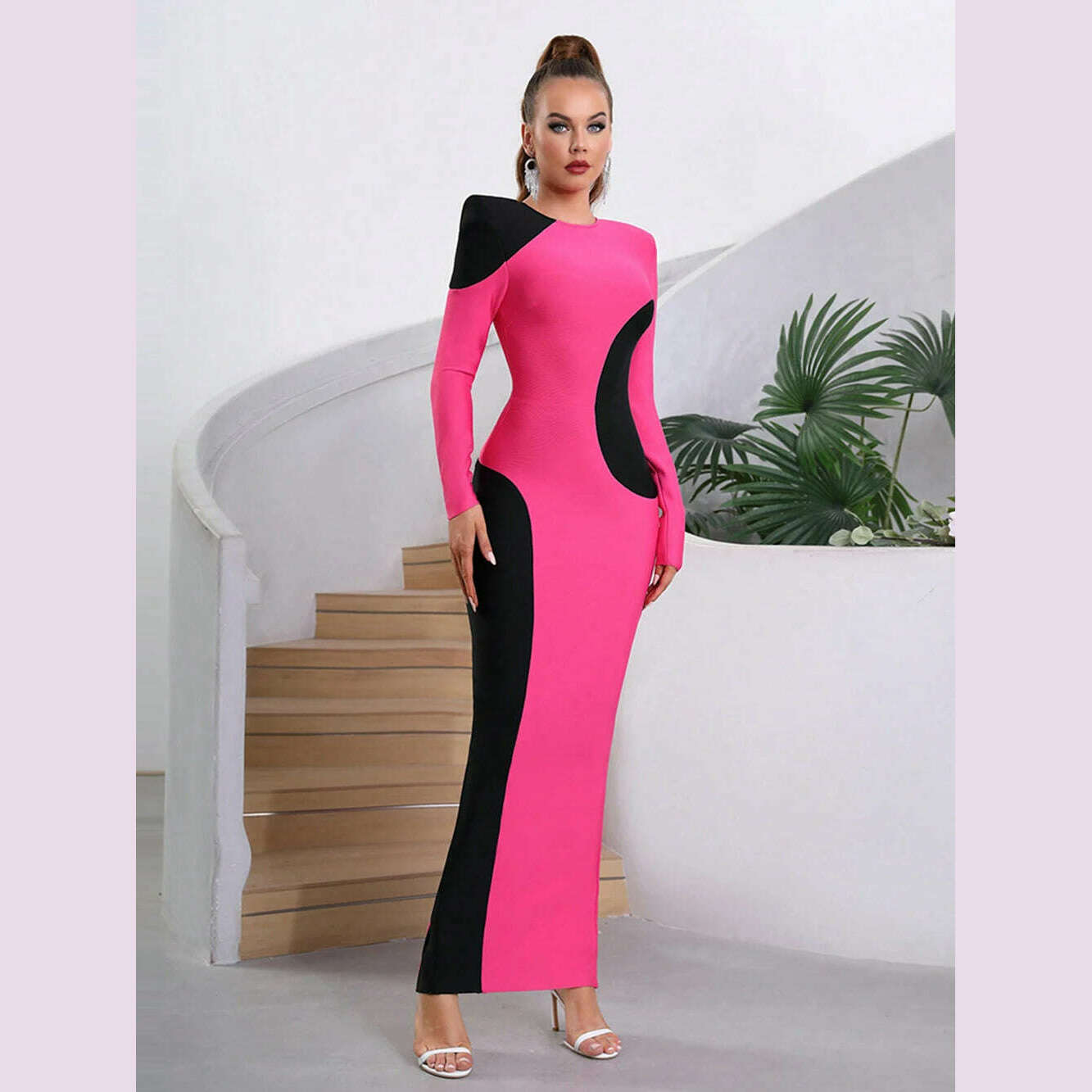 KIMLUD, Modphy Contrast Color Patchwork Design Tight Long Bandage Dress For Women Long Sleeved O-Neck Fashion Party Cocktail Club Dress, Rose Red / L, KIMLUD APPAREL - Womens Clothes