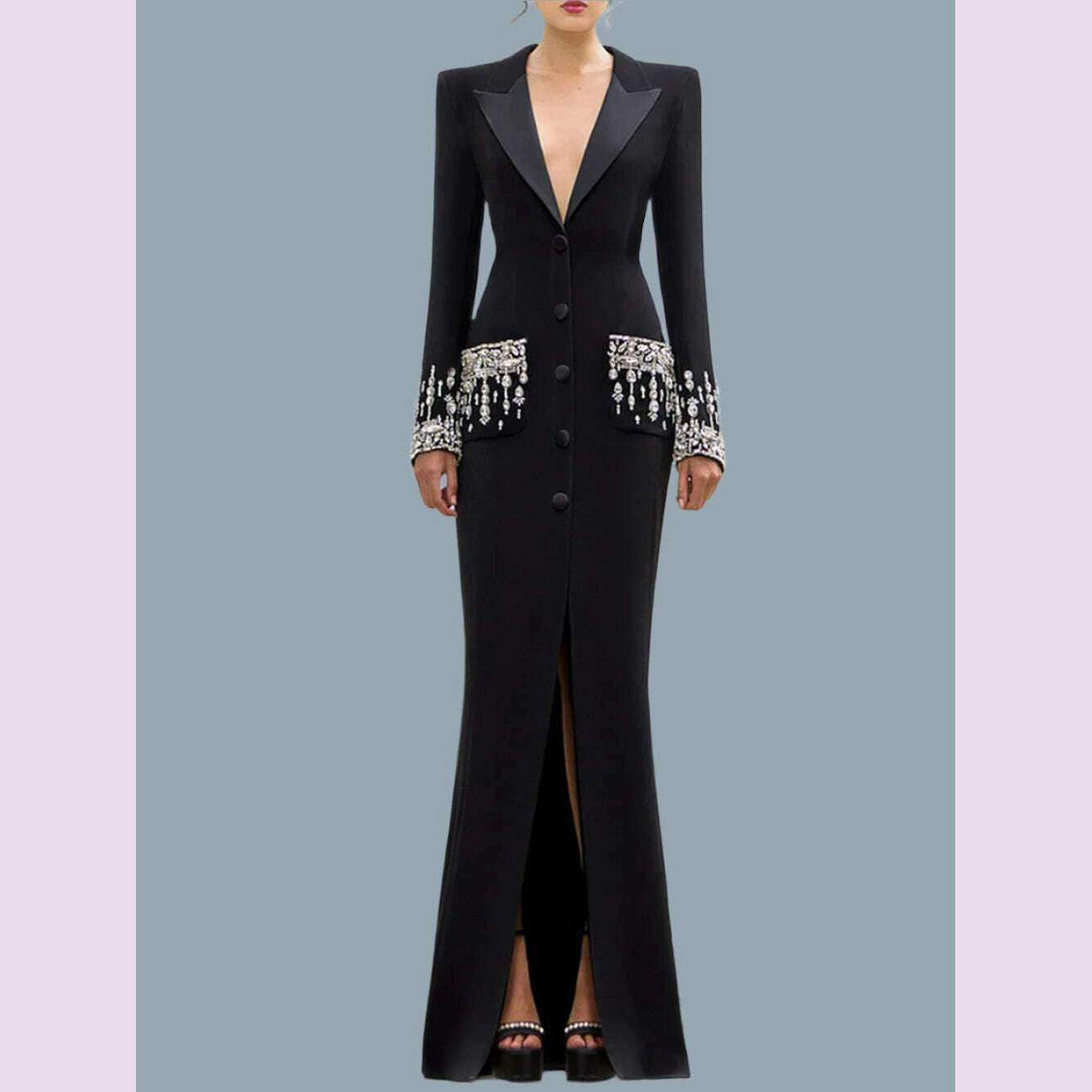 Modphy Elegant Black V-Neck Long Sleeve Diamond Beads Saudi Prom Gown