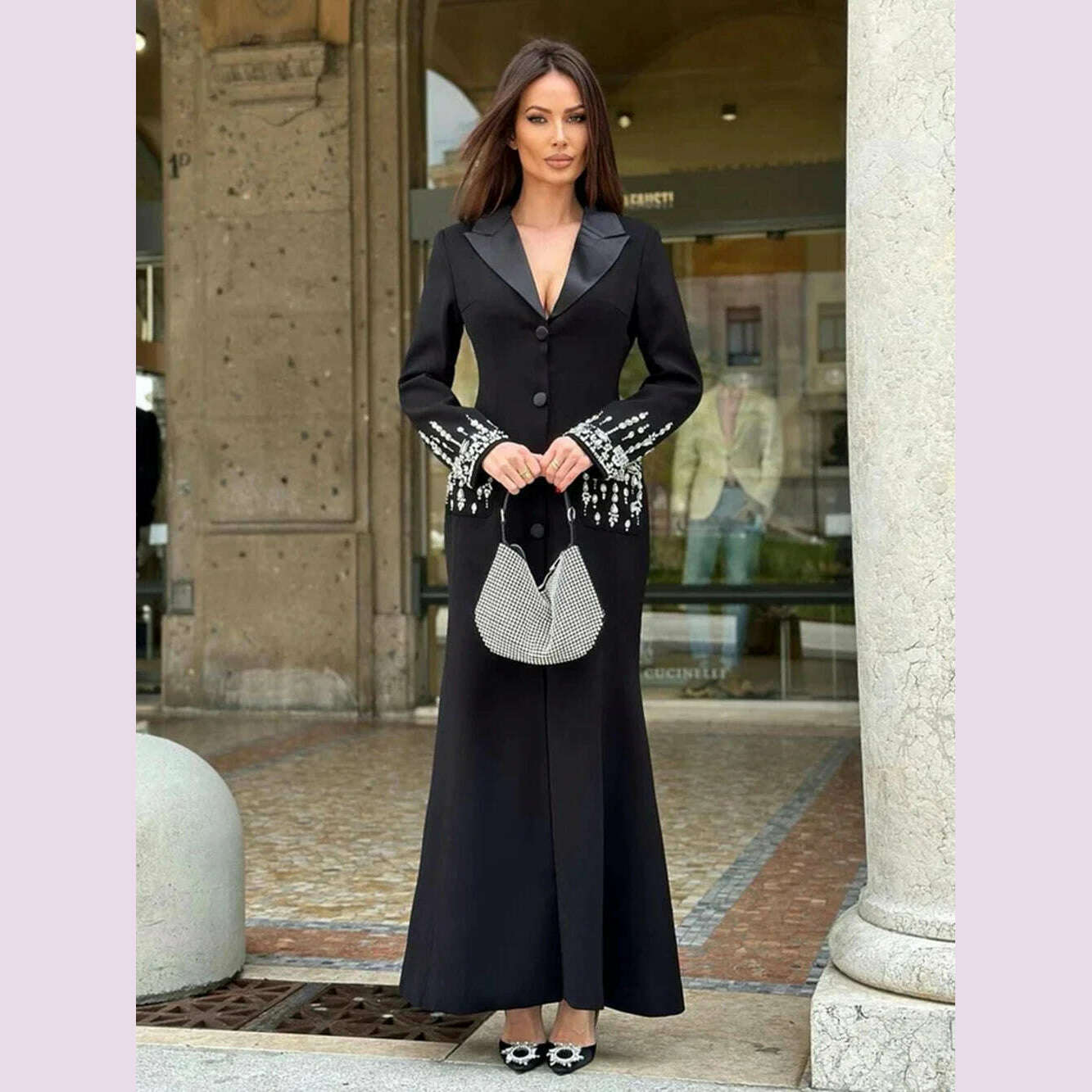 Modphy Elegant Black V-Neck Long Sleeve Diamond Beads Saudi Prom Gown Floor Length Formal Evening Party Dresses For Women 2024 - KIMLUD