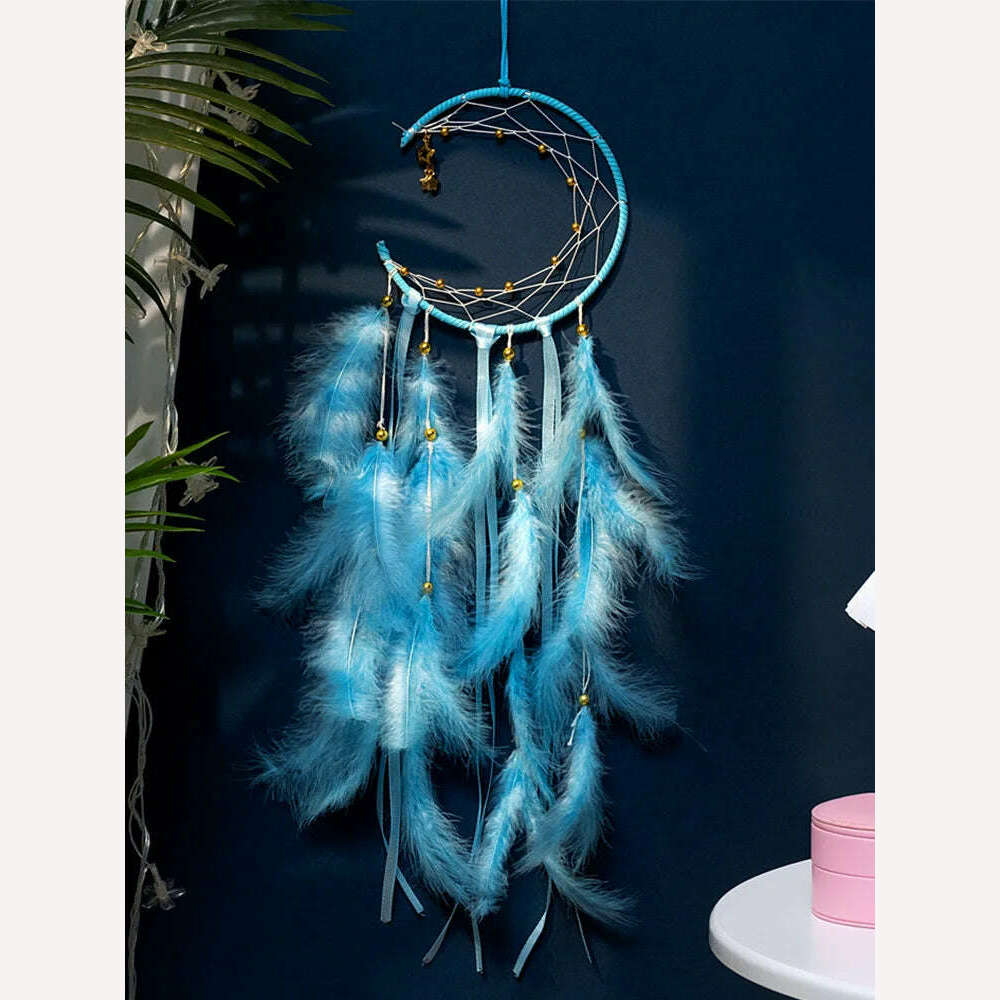 KIMLUD, Moon Dream Catcher Feather Wind Chimes Hand-woven Wall Bedroom Hanging Ornaments Birthday Festival Gifts Home Decoration Crafts, KIMLUD Womens Clothes