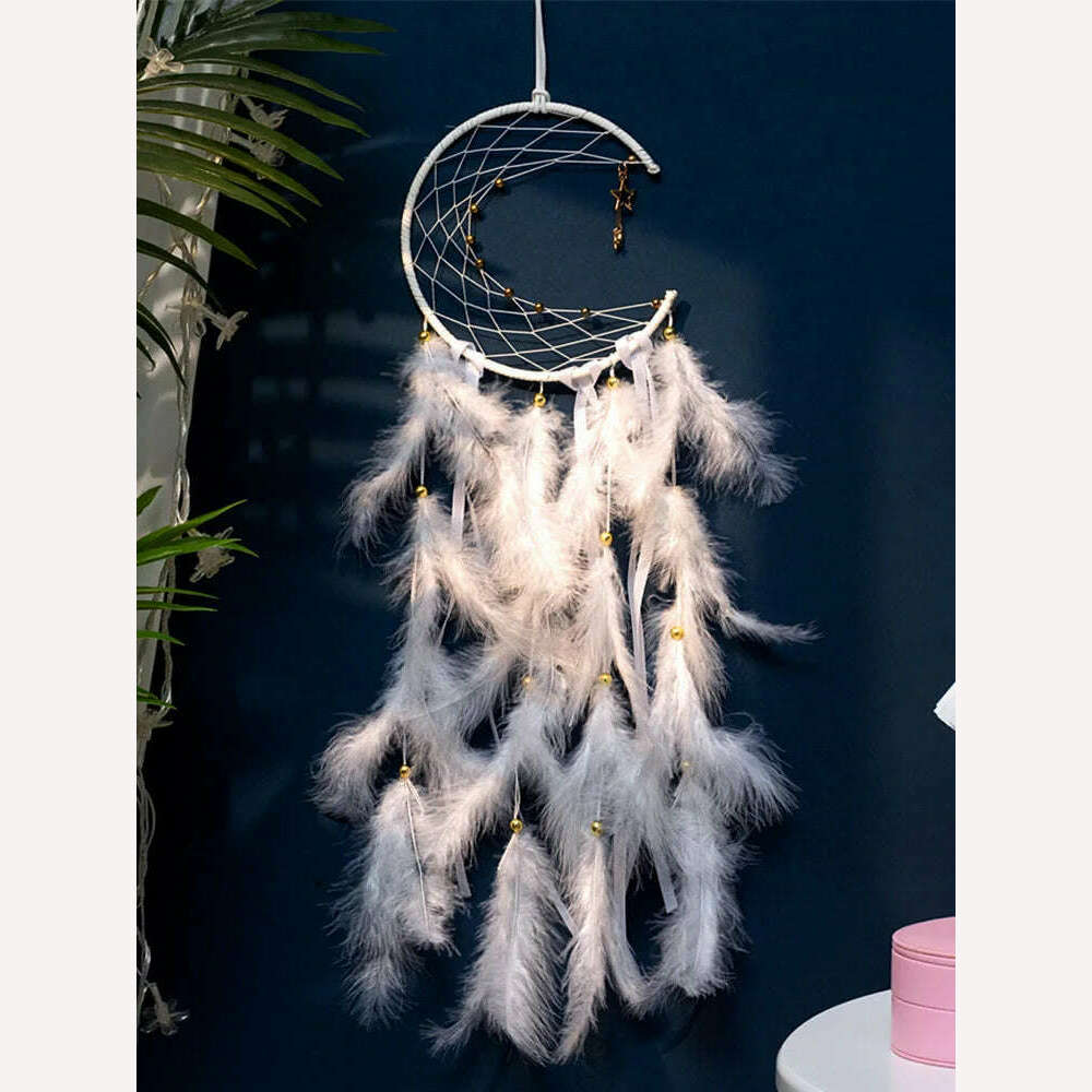 KIMLUD, Moon Dream Catcher Feather Wind Chimes Hand-woven Wall Bedroom Hanging Ornaments Birthday Festival Gifts Home Decoration Crafts, KIMLUD Womens Clothes