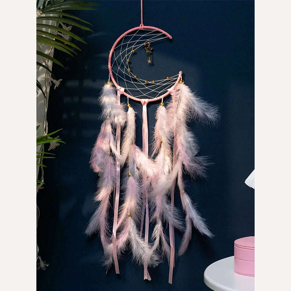 KIMLUD, Moon Dream Catcher Feather Wind Chimes Hand-woven Wall Bedroom Hanging Ornaments Birthday Festival Gifts Home Decoration Crafts, Pink, KIMLUD Womens Clothes