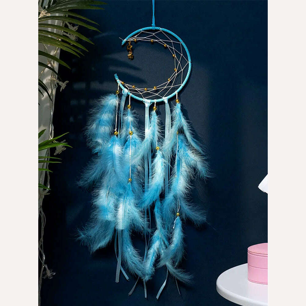 KIMLUD, Moon Dream Catcher Feather Wind Chimes Hand-woven Wall Bedroom Hanging Ornaments Birthday Festival Gifts Home Decoration Crafts, Blue, KIMLUD Womens Clothes