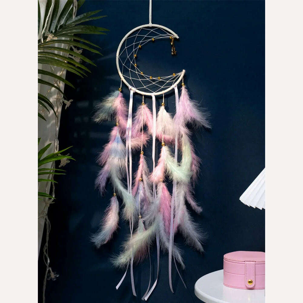 KIMLUD, Moon Dream Catcher Feather Wind Chimes Hand-woven Wall Bedroom Hanging Ornaments Birthday Festival Gifts Home Decoration Crafts, Macaron, KIMLUD Womens Clothes