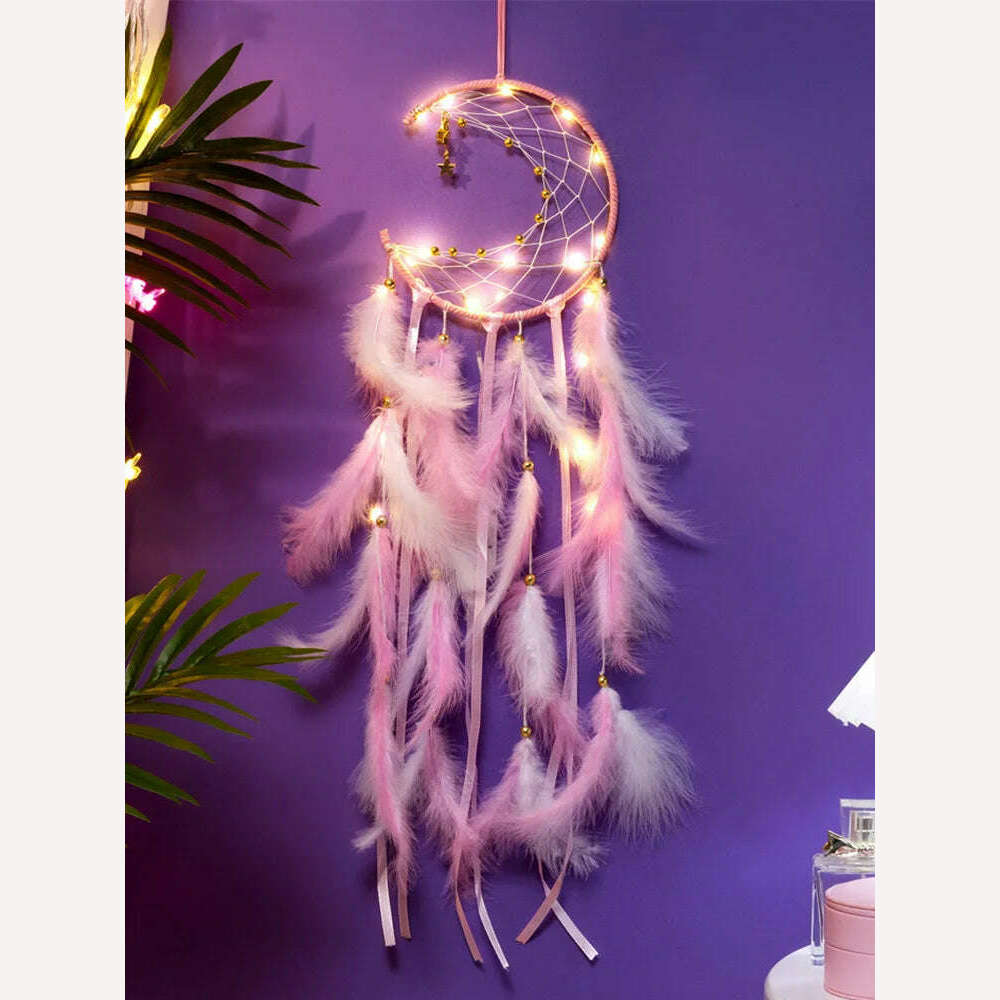 KIMLUD, Moon Dream Catcher Feather Wind Chimes Hand-woven Wall Bedroom Hanging Ornaments Birthday Festival Gifts Home Decoration Crafts, Pink With Light, KIMLUD Womens Clothes