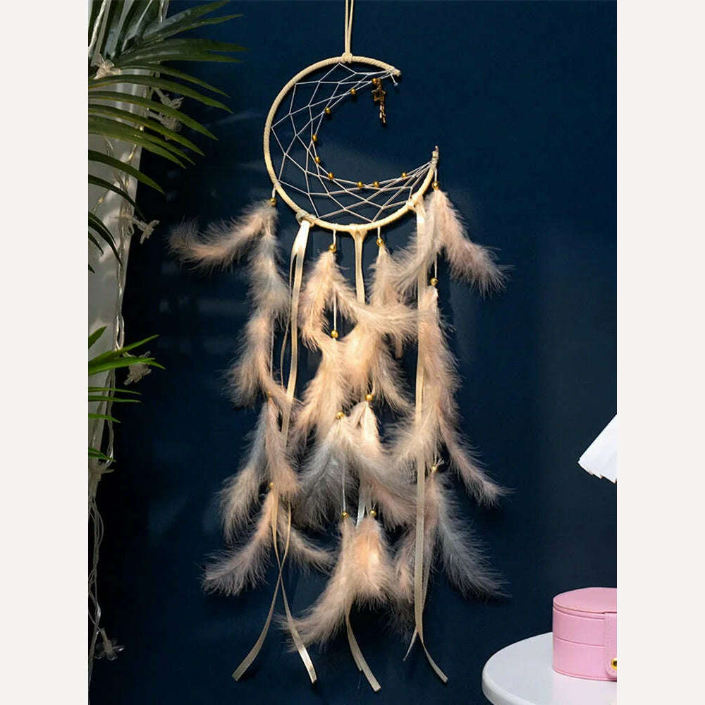 KIMLUD, Moon Dream Catcher Feather Wind Chimes Hand-woven Wall Bedroom Hanging Ornaments Birthday Festival Gifts Home Decoration Crafts, Cream, KIMLUD Womens Clothes