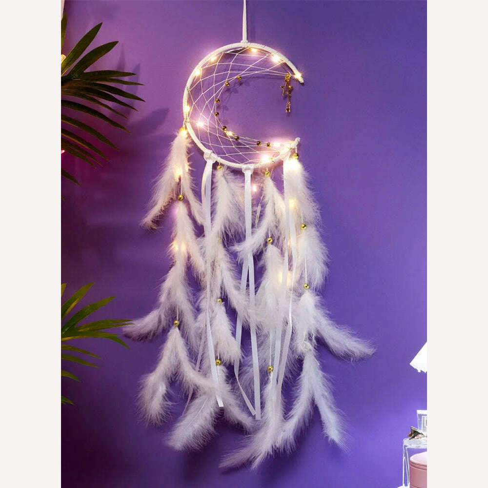 KIMLUD, Moon Dream Catcher Feather Wind Chimes Hand-woven Wall Bedroom Hanging Ornaments Birthday Festival Gifts Home Decoration Crafts, White With Light, KIMLUD Womens Clothes