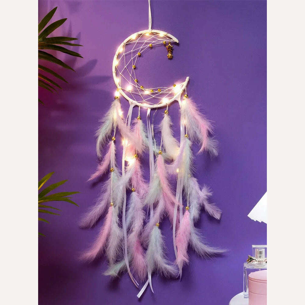 KIMLUD, Moon Dream Catcher Feather Wind Chimes Hand-woven Wall Bedroom Hanging Ornaments Birthday Festival Gifts Home Decoration Crafts, Macaron With Light, KIMLUD Womens Clothes