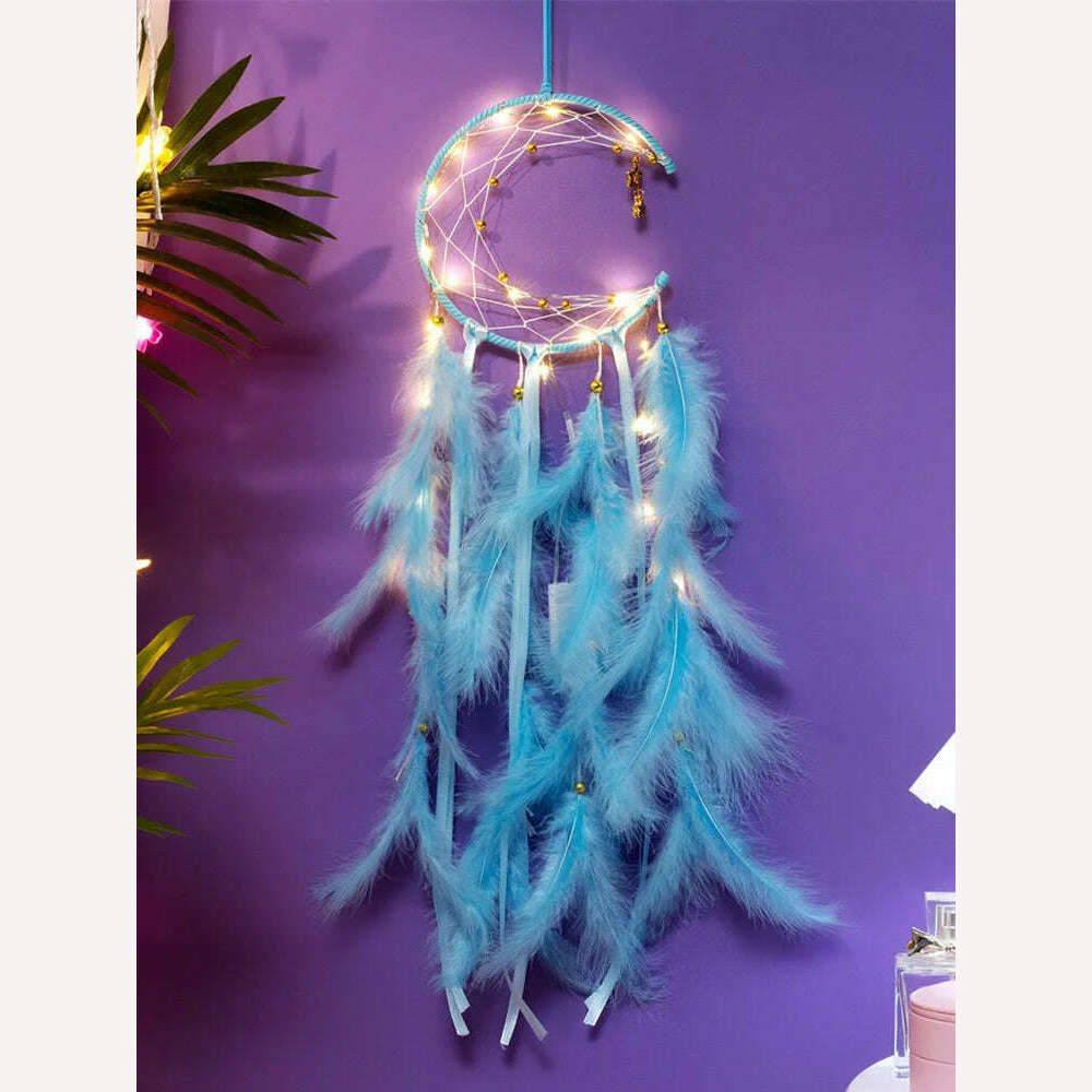 KIMLUD, Moon Dream Catcher Feather Wind Chimes Hand-woven Wall Bedroom Hanging Ornaments Birthday Festival Gifts Home Decoration Crafts, Blue With Light, KIMLUD Womens Clothes