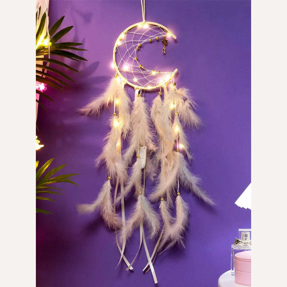 KIMLUD, Moon Dream Catcher Feather Wind Chimes Hand-woven Wall Bedroom Hanging Ornaments Birthday Festival Gifts Home Decoration Crafts, Cream With Light, KIMLUD Womens Clothes