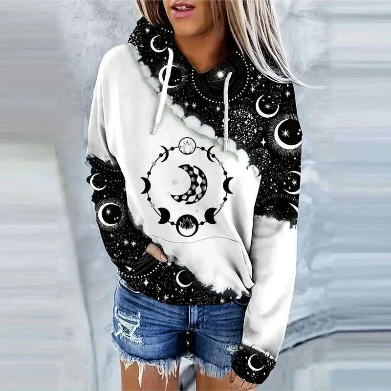Moon Print Drawstring Hoodie Casual Long Sleeve Hooded Sweatshirt Women's Clothing - KIMLUD