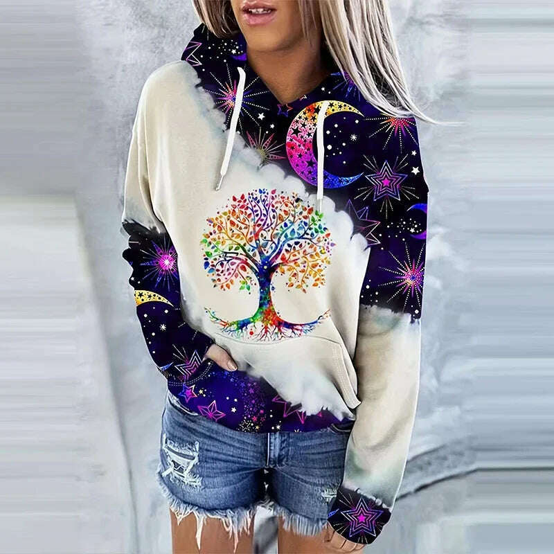 Moon Print Drawstring Hoodie Casual Long Sleeve Hooded Sweatshirt Women's Clothing - KIMLUD