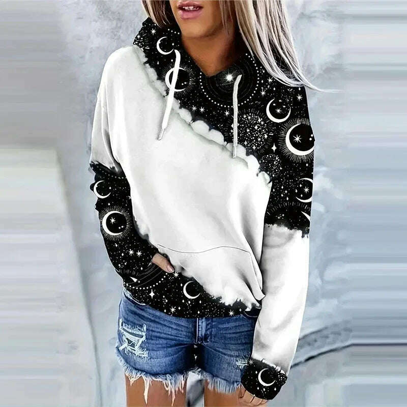 Moon Print Drawstring Hoodie Casual Long Sleeve Hooded Sweatshirt Women's Clothing - KIMLUD