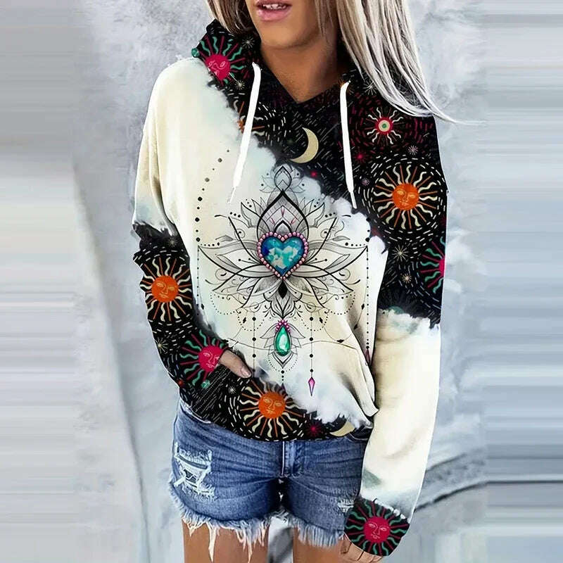Moon Print Drawstring Hoodie Casual Long Sleeve Hooded Sweatshirt Women's Clothing - KIMLUD