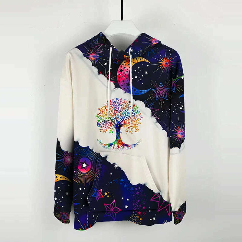 Moon Print Kangaroo Pocket Hoodie, Casual Long Sleeve Drawstring Hoodies Sweatshirt Women's Clothing - KIMLUD