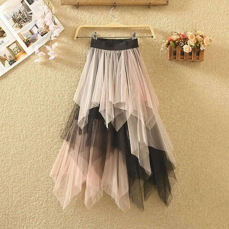 MOONBIFFY 2023 New Spring Summer Women Gradient Irregular Mesh Skirt High Waist Patchwork Skirts Party Petticoat Casual Clothing - KIMLUD