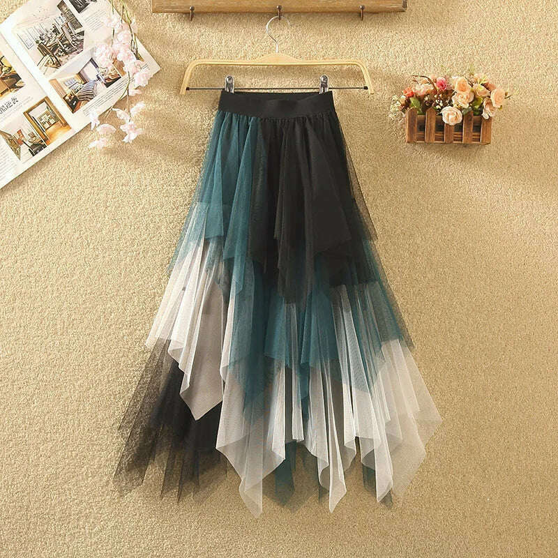 MOONBIFFY 2023 New Spring Summer Women Gradient Irregular Mesh Skirt High Waist Patchwork Skirts Party Petticoat Casual Clothing - KIMLUD