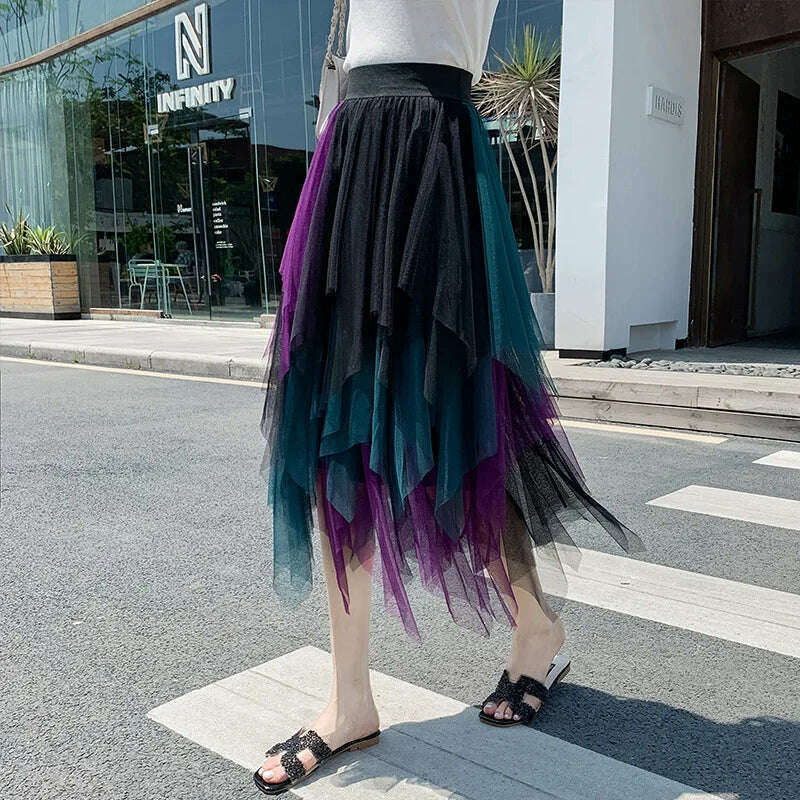 MOONBIFFY 2023 New Spring Summer Women Gradient Irregular Mesh Skirt High Waist Patchwork Skirts Party Petticoat Casual Clothing - KIMLUD