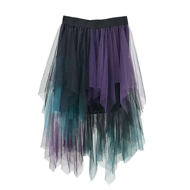 MOONBIFFY 2023 New Spring Summer Women Gradient Irregular Mesh Skirt High Waist Patchwork Skirts Party Petticoat Casual Clothing - KIMLUD