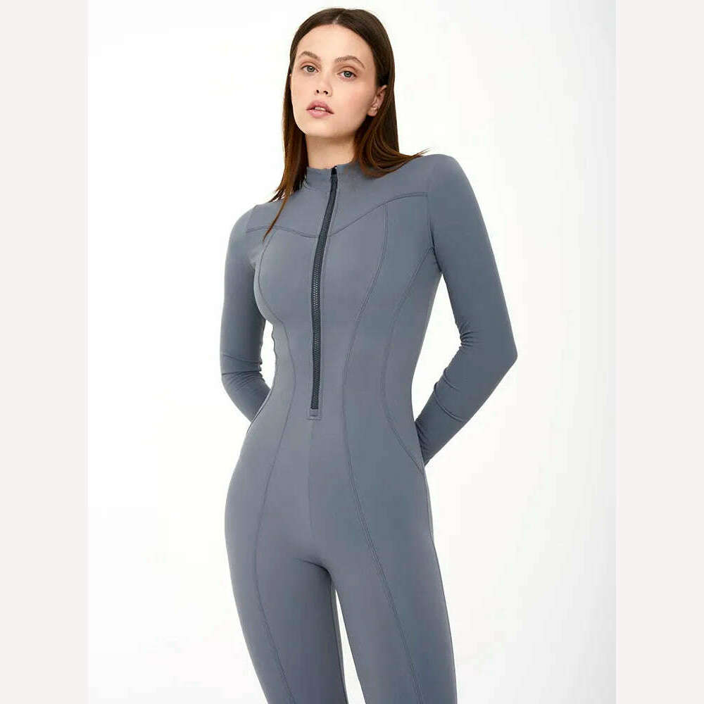 KIMLUD, Mozision Autumn Winter Long Sleeve Jumpsuits Women Overalls Fashion Zipper O Neck Sporty Rompers Ladies Casual Playsuits 2023, Gray / S, KIMLUD APPAREL - Womens Clothes