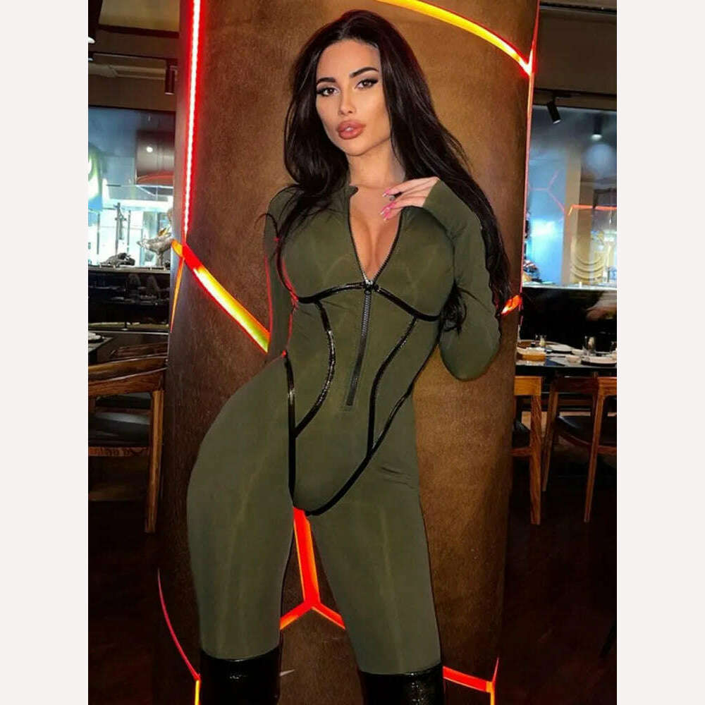 Mozision Black Sexy Skinny Jumpsuit Women Overalls O Neck Full Sleeve Zipper Sporty Jumpsuits Ladies Fashion Rompers Streetwear - KIMLUD