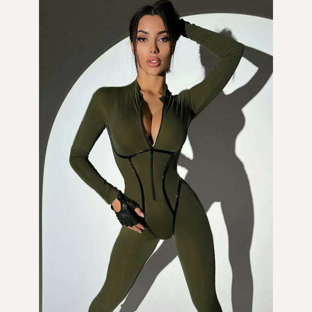 Mozision Black Sexy Skinny Jumpsuit Women Overalls O Neck Full Sleeve Zipper Sporty Jumpsuits Ladies Fashion Rompers Streetwear - KIMLUD