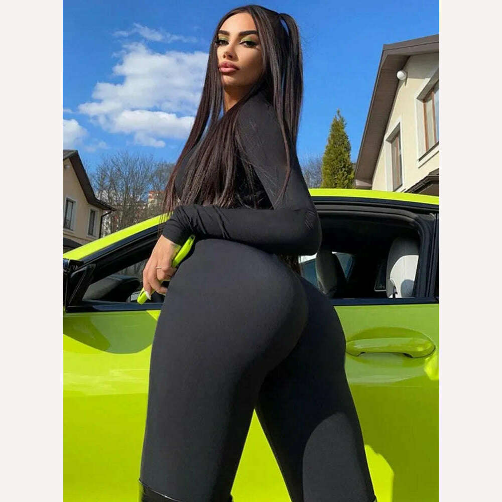 Mozision Black Sexy Skinny Jumpsuit Women Overalls O Neck Full Sleeve Zipper Sporty Jumpsuits Ladies Fashion Rompers Streetwear - KIMLUD