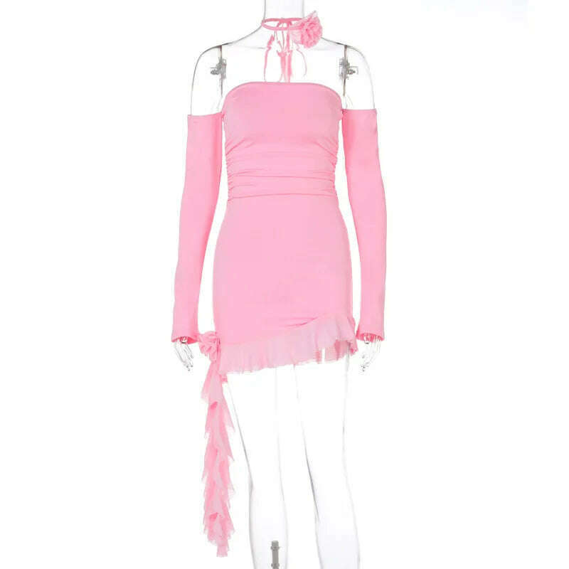 KIMLUD, Mozision Elegant Halter 3D Flower Ruffle Mini Dress For Women Autumn New Off-shoulder Backless Long Sleeve Bodycon Sexy Dress, Pink / S, KIMLUD APPAREL - Womens Clothes