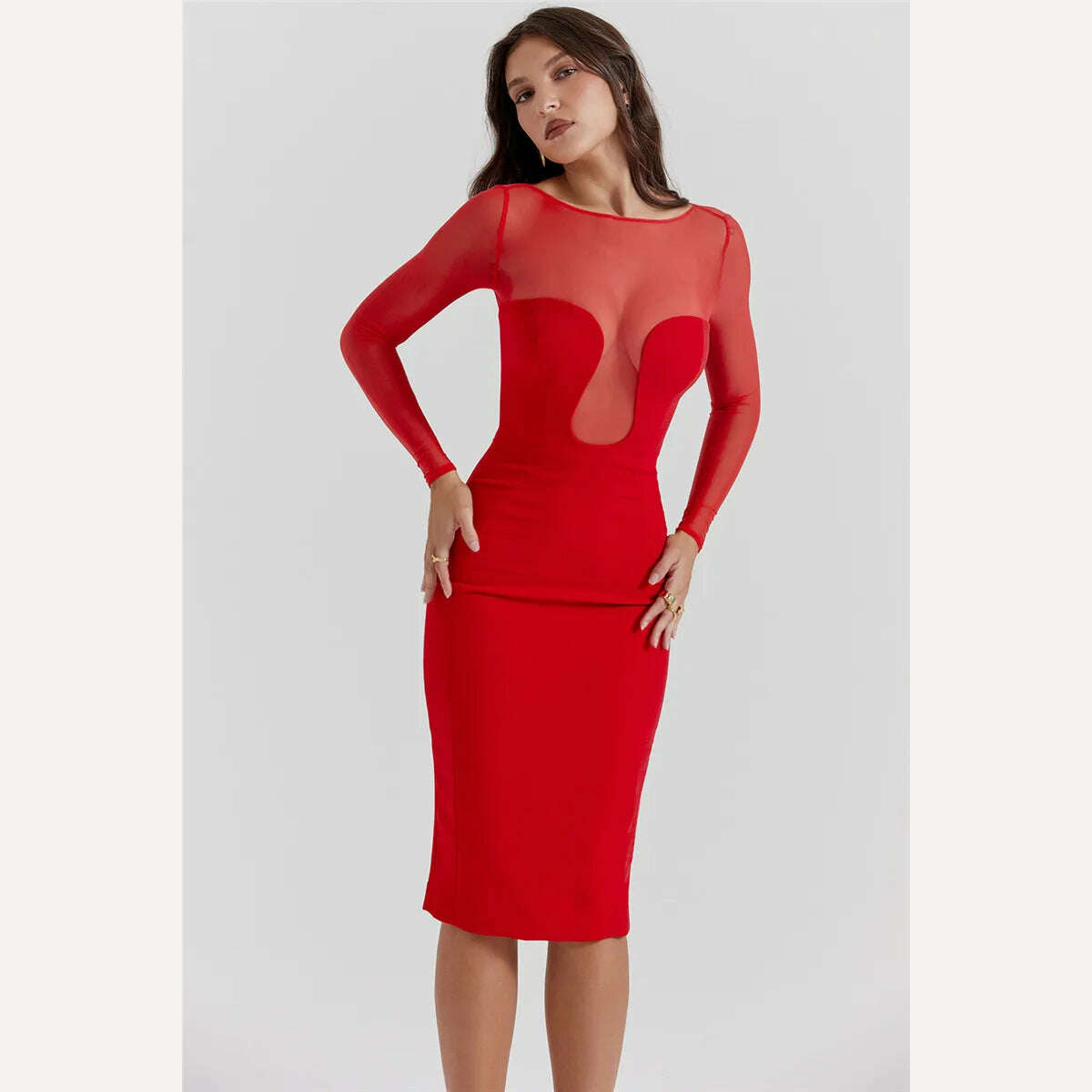 KIMLUD, Mozision Elegant Strapless Sexy Midi Dress For Women Fashion Sheer Long Sleeve Backless Split Bodycon Club Party Sexy Long Dress, KIMLUD Womens Clothes