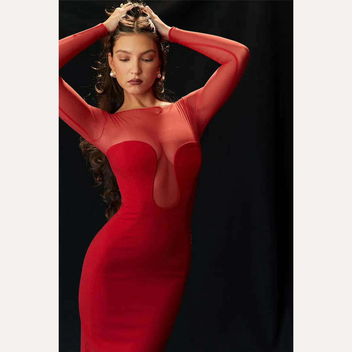 KIMLUD, Mozision Elegant Strapless Sexy Midi Dress For Women Fashion Sheer Long Sleeve Backless Split Bodycon Club Party Sexy Long Dress, KIMLUD Womens Clothes