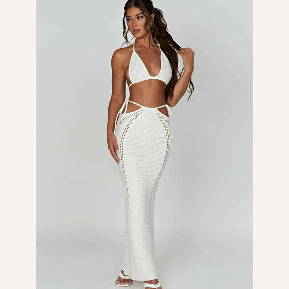 KIMLUD, Mozision Hollow Out Knit Dress Set Women Lace-up Crop Top And Long Skirt Matching Sets Female Sexy Club Party Two Piece Set, White / S, KIMLUD APPAREL - Womens Clothes