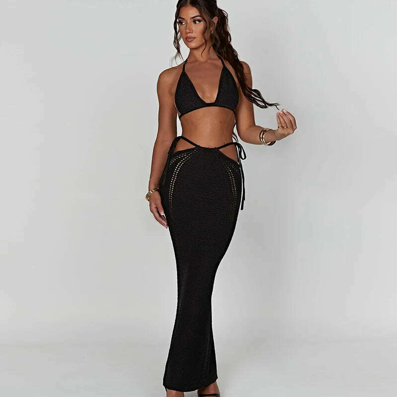 KIMLUD, Mozision Hollow Out Knit Dress Set Women Lace-up Crop Top And Long Skirt Matching Sets Female Sexy Club Party Two Piece Set, Black / S, KIMLUD APPAREL - Womens Clothes