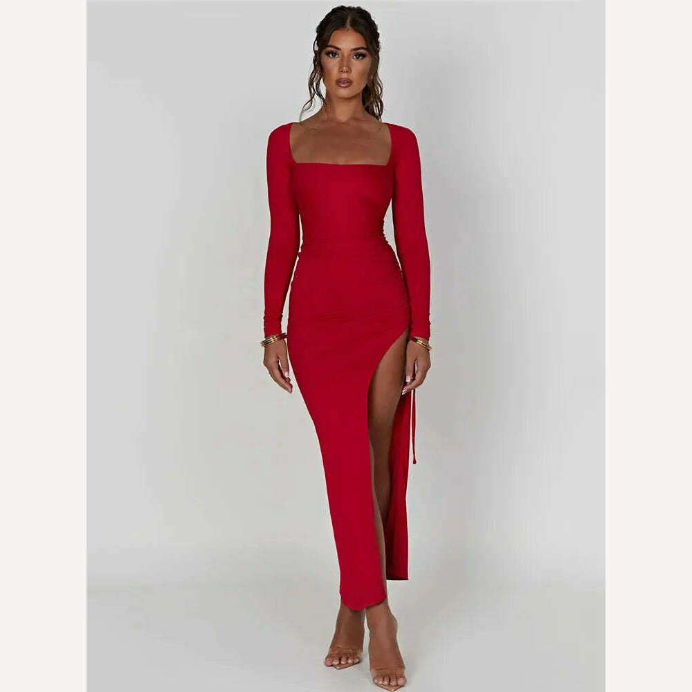 KIMLUD, Mozision Long Sleeve Ruched High Split Maxi Dress Women Square Collar Drawstring Bodycon Sexy Party Long Dress Elegant Autumn, KIMLUD Women's Clothes