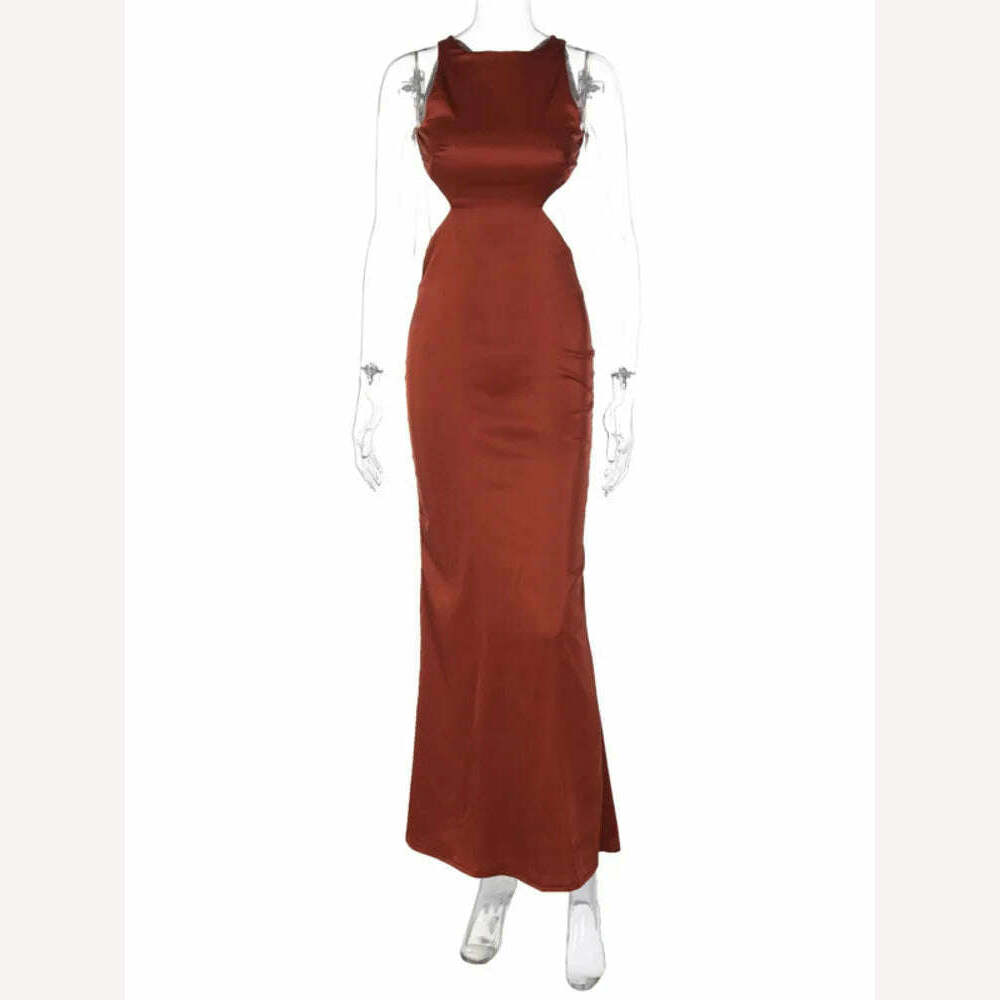 KIMLUD, Mozision Satin Backless Bodycon Sexy Maxi Dress Women High Elastic Satin O Neck Sleeveless Club Party Sexy Long Dress Elegant, Brown / S, KIMLUD APPAREL - Womens Clothes