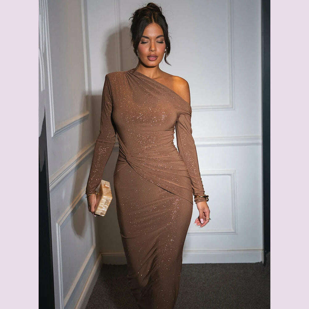 Mozision Sparkle Long Sleeve Sexy Maxi Dress For Women Inclined Shoulder Backless Bodycon Ruched Club Party Sexy Long Dress - KIMLUD