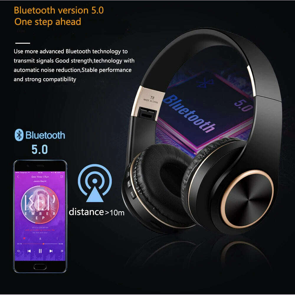 MP3 Player Noise Canceling Headphones Blutooth T8 Foldable With Audio Cable Bluetooth Earphone Hedset Earphones Big Ear Phones - KIMLUD