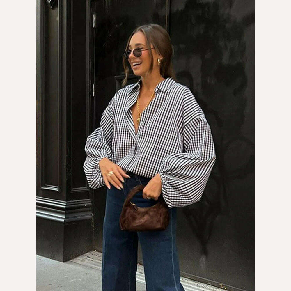 KIMLUD, Mueyaruho 2023 Autumn Winter Women Office Oversized Black Plaid Shirt Long Sleeve Loose Fit Blouse Female, KIMLUD Womens Clothes