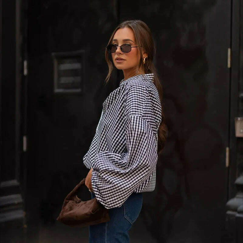 KIMLUD, Mueyaruho 2023 Autumn Winter Women Office Oversized Black Plaid Shirt Long Sleeve Loose Fit Blouse Female, KIMLUD Womens Clothes
