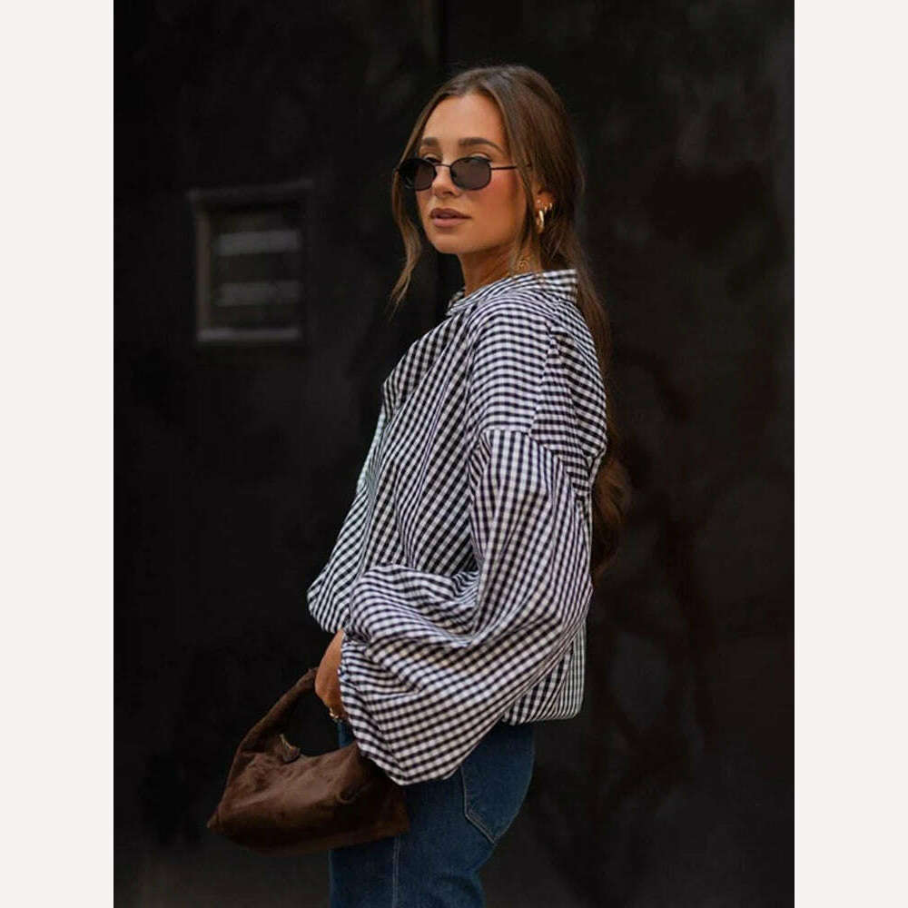 KIMLUD, Mueyaruho 2023 Autumn Winter Women Office Oversized Black Plaid Shirt Long Sleeve Loose Fit Blouse Female, KIMLUD Womens Clothes
