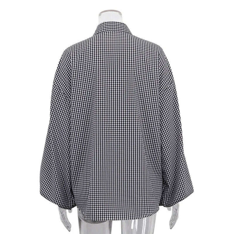 KIMLUD, Mueyaruho 2023 Autumn Winter Women Office Oversized Black Plaid Shirt Long Sleeve Loose Fit Blouse Female, KIMLUD Womens Clothes