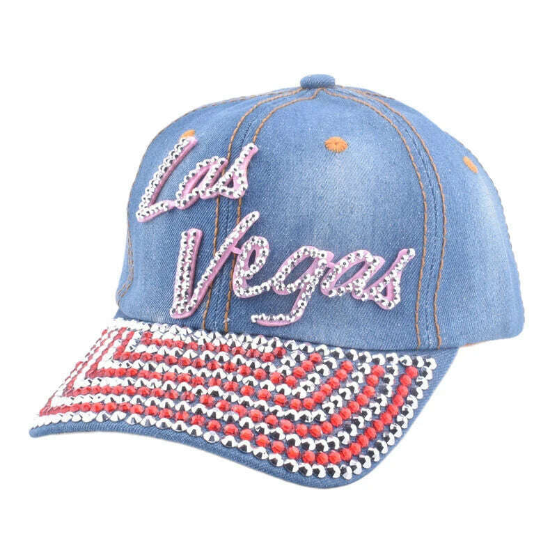 KIMLUD, Multi-color Bling Baseball Hats for Women Denim Rhinestone Studded Cap with Texts, KIMLUD Womens Clothes