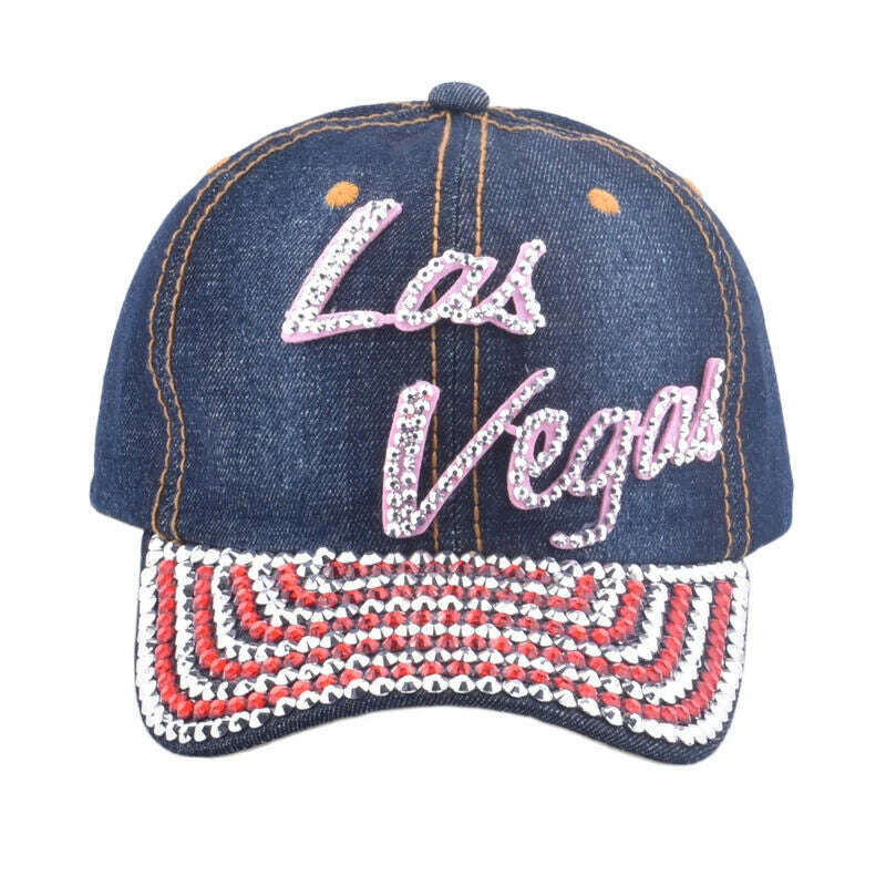 KIMLUD, Multi-color Bling Baseball Hats for Women Denim Rhinestone Studded Cap with Texts, KIMLUD Womens Clothes