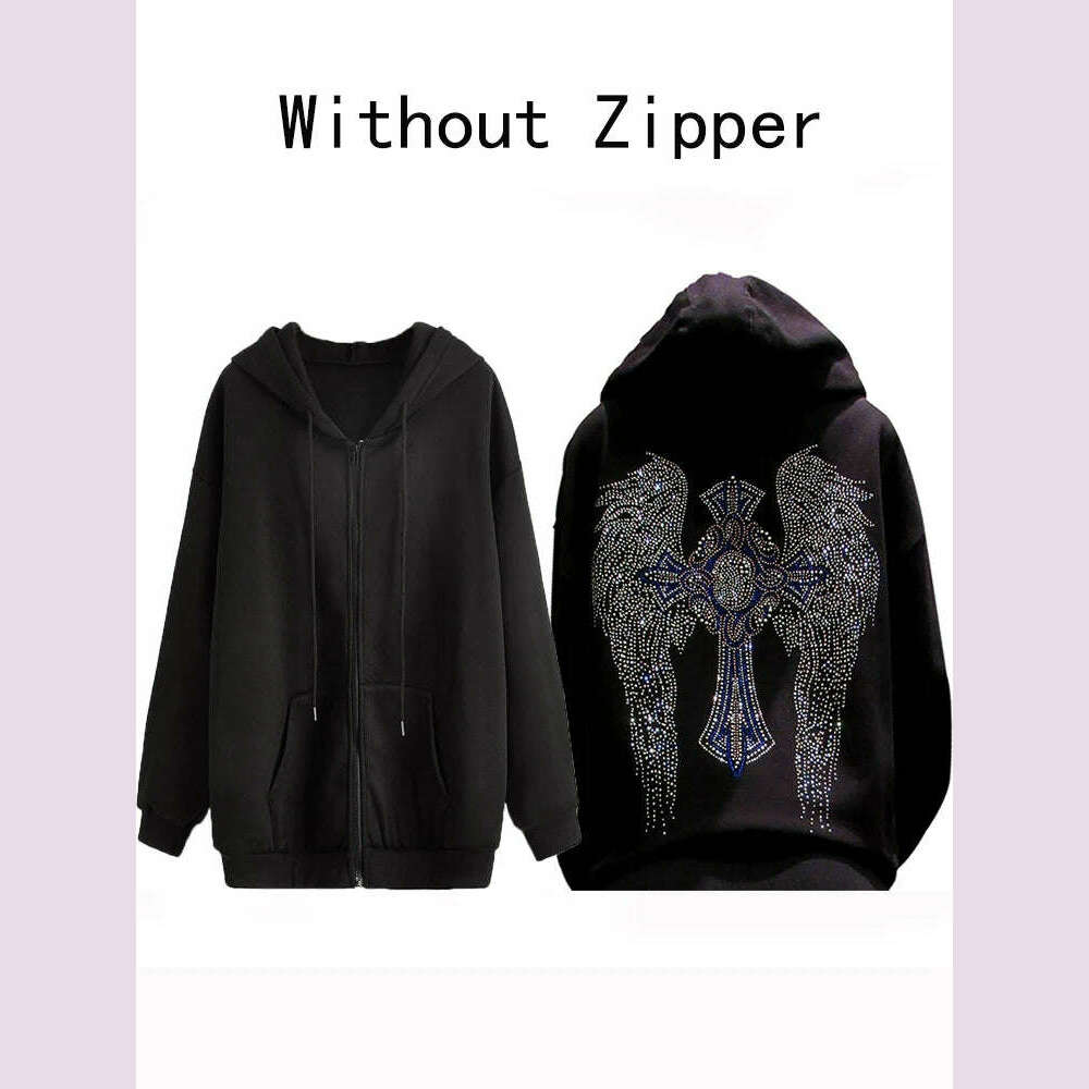 Multicolor Rhinestone Cross and Angel Wings Black Zipper Hoodie - KIMLUD