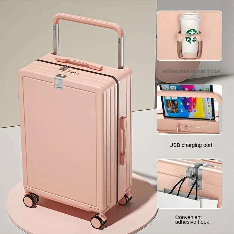 KIMLUD, Multifunctional Draw-Bar Suitcase Zipper Wide Handle Trolley Luggage with Cup Holder USB Port Trip Boarding Case Spinner 20 inch, KIMLUD Womens Clothes