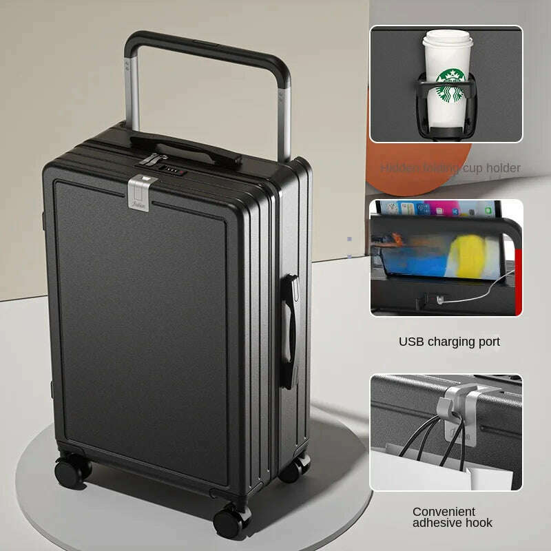 KIMLUD, Multifunctional Draw-Bar Suitcase Zipper Wide Handle Trolley Luggage with Cup Holder USB Port Trip Boarding Case Spinner 20 inch, black / 20Inches 500mm, KIMLUD APPAREL - Womens Clothes