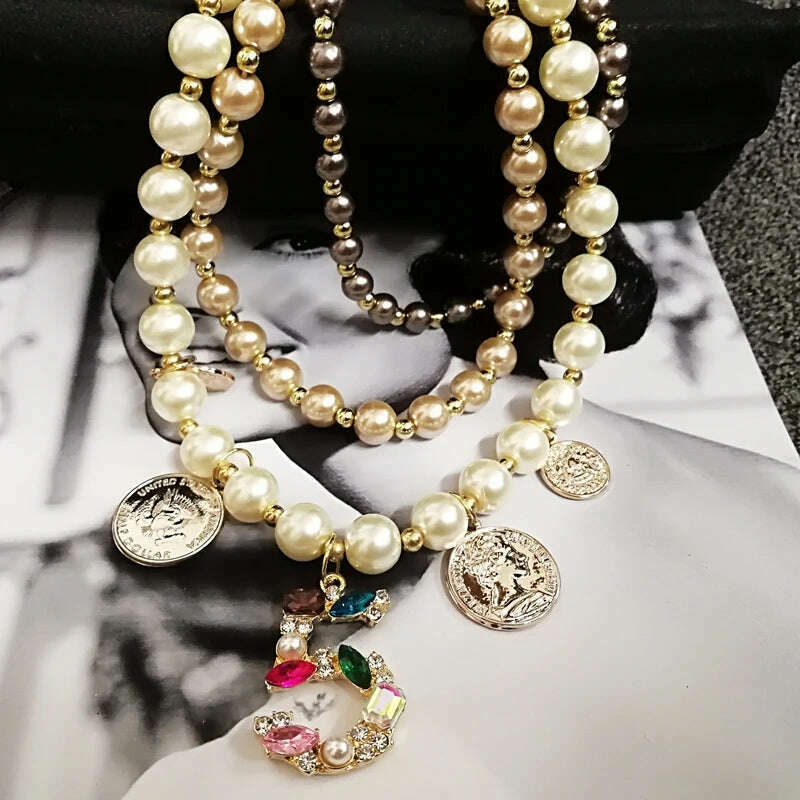 Multilayer Simulated Pearl Chokers Necklace For Women Sweater Winter Jewelry - KIMLUD
