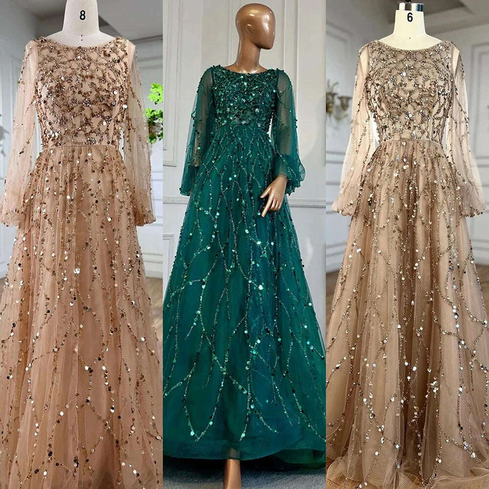 KIMLUD, Muslim Gold Puff Sleeves Luxury Evening Dresses Gowns 2023 A-Line Beading Sexy Formal Woman Party BLA71049 Serene Hill, KIMLUD Womens Clothes