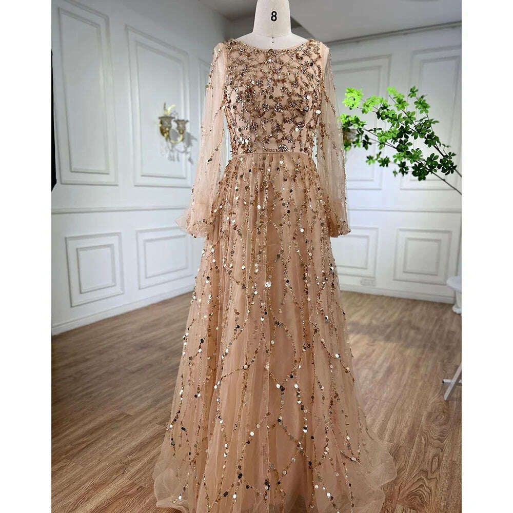 KIMLUD, Muslim Gold Puff Sleeves Luxury Evening Dresses Gowns 2023 A-Line Beading Sexy Formal Woman Party BLA71049 Serene Hill, gold o-neck / 2, KIMLUD APPAREL - Womens Clothes